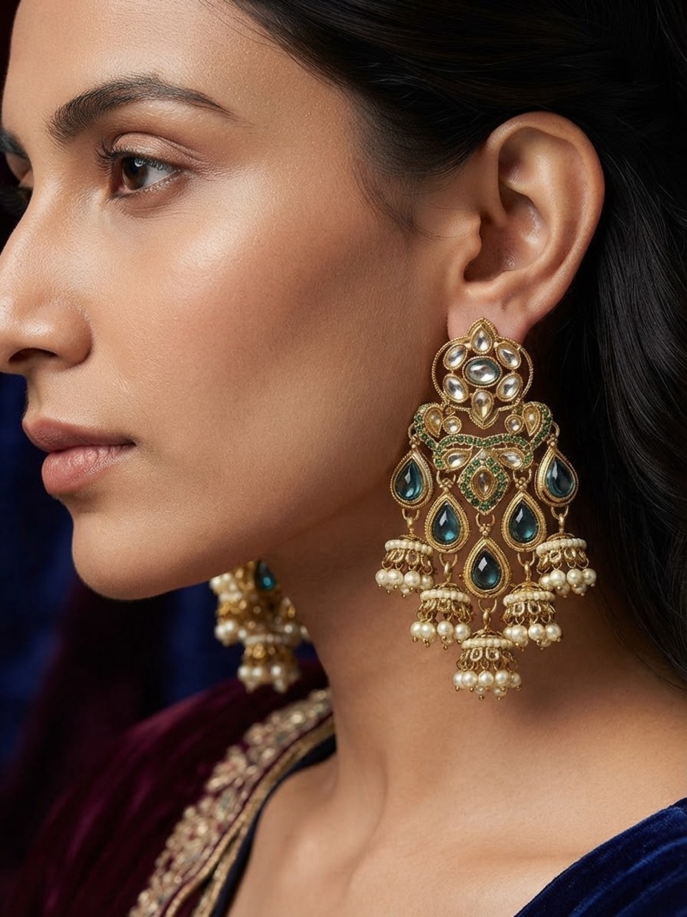 Elegant Gold-Tone Teardrop Chandelier Earrings with Green Accents